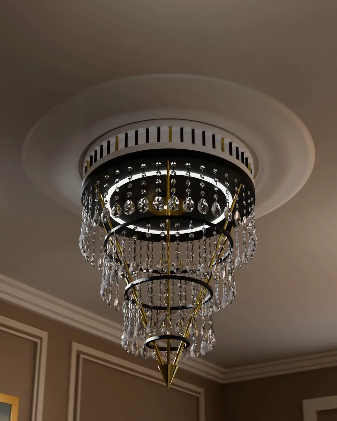 A Tetra Home chandelier with a lit ring and crystal drops on a living-room ceiling