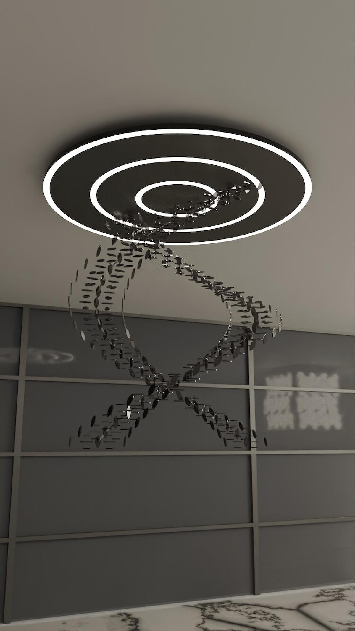A crystal spiral curving down beneath illuminated rings