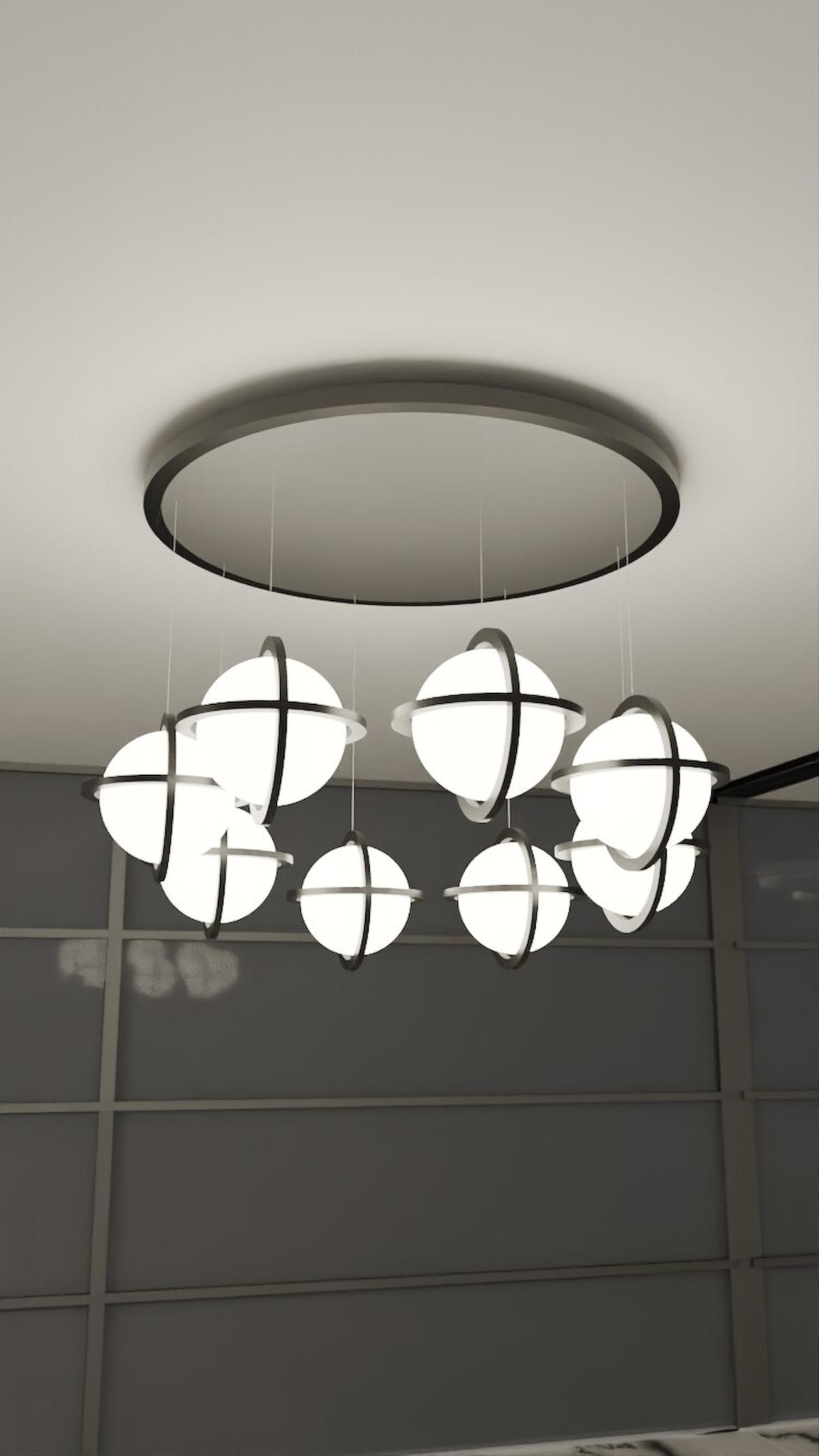 Illuminated spheres clustered beneath a circular ceiling plate