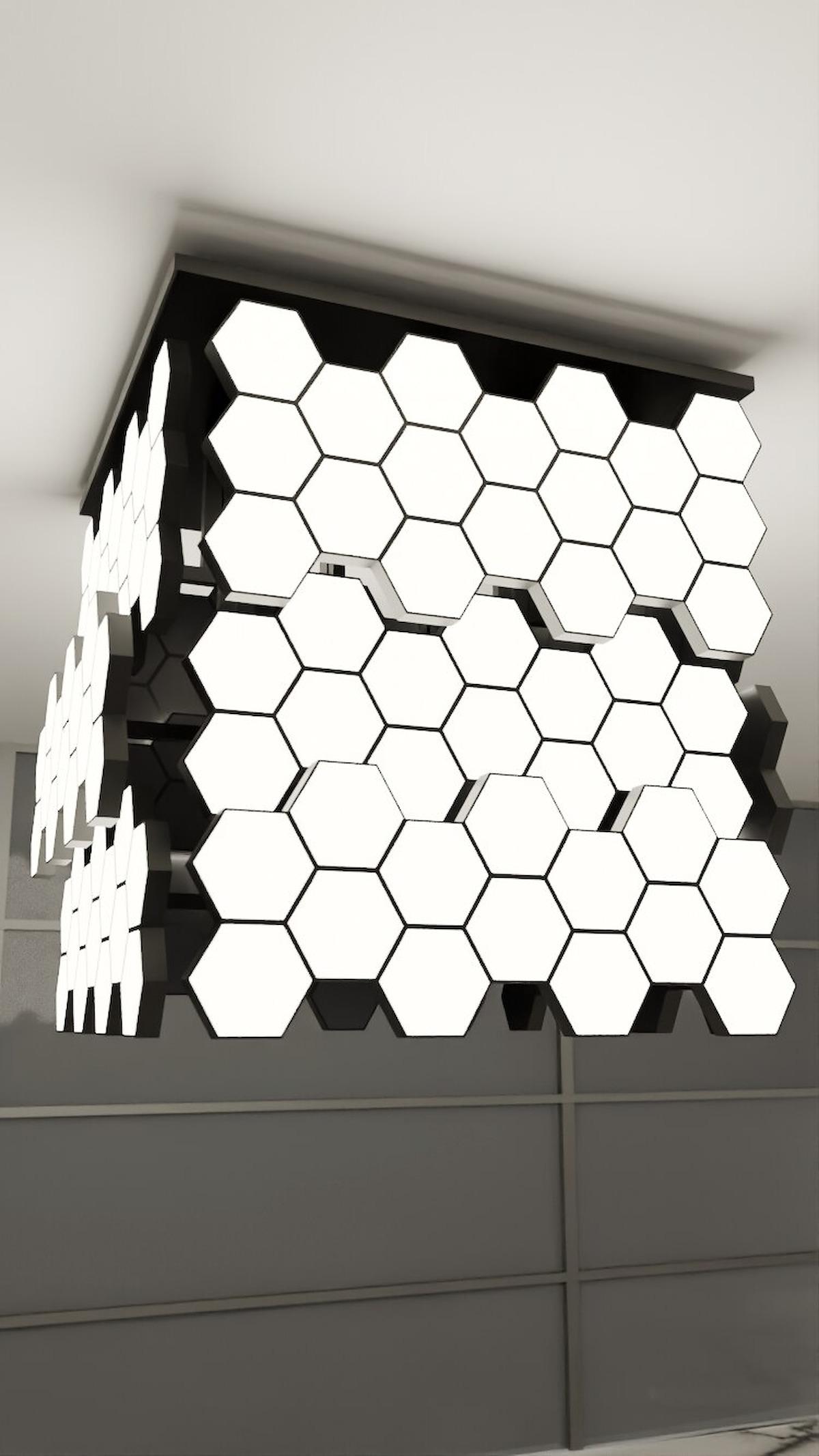 Işıklı altıgen panellerden oluşan küp biçimli avize